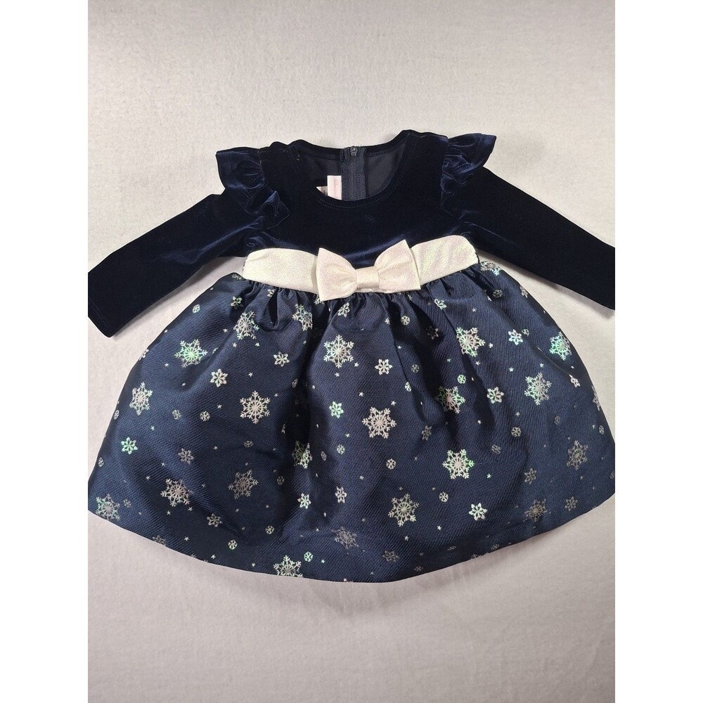 Bonnie Baby 12M Velvet Snowflake Christmas Dress Navy Holiday Princess Asthetic